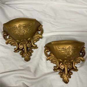 Homco Gold Wall Ornate Pocket Planter Set 1978 Vintage Hollywood Regency Pair